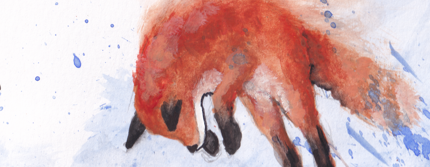 Watercolor painting of a fox in the snow